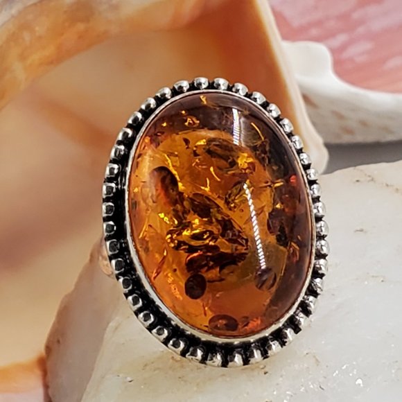 Handmade Artisan Jewelry - Silver Ring Natural Amber Stone